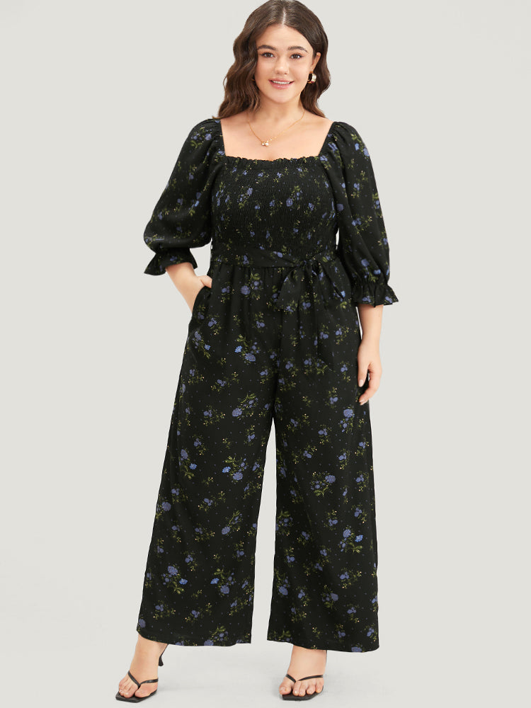 Floral Print Shirred Belted Square Neck Frill Trim Jumpsuit