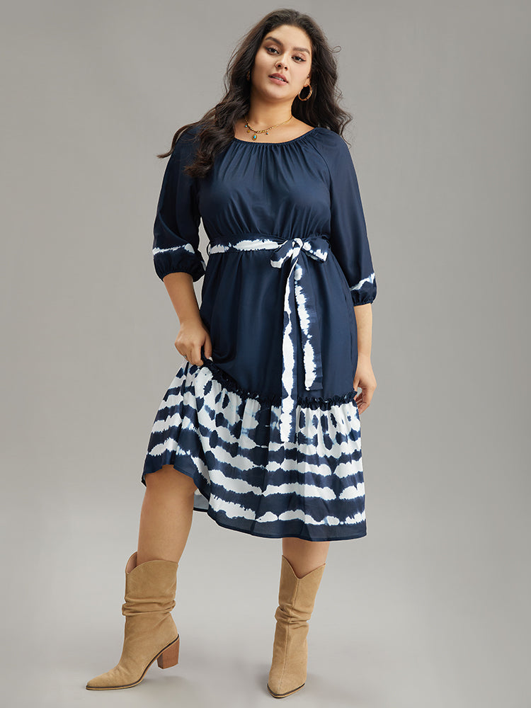 Tie Dye Gathered Belted Lantern Sleeve Dress