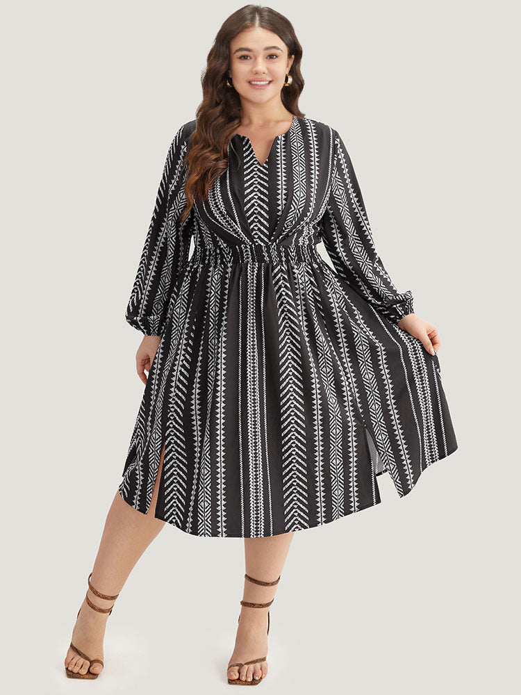 Striped Boho Print Shirred Split Hem Dress