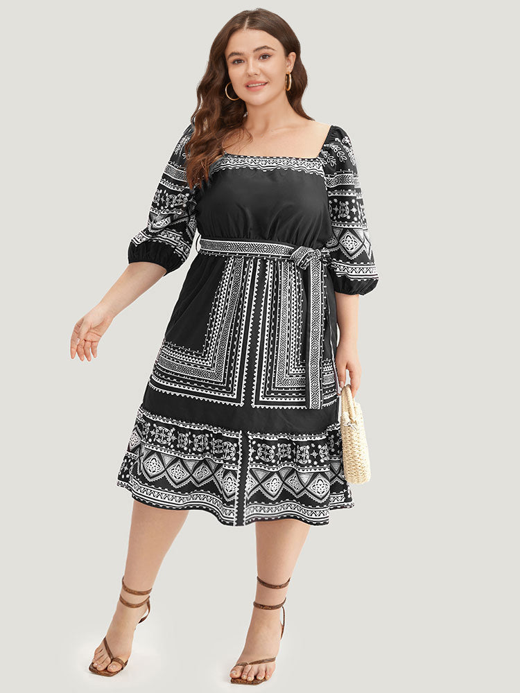 Boho Print Square Neck Belted Dress