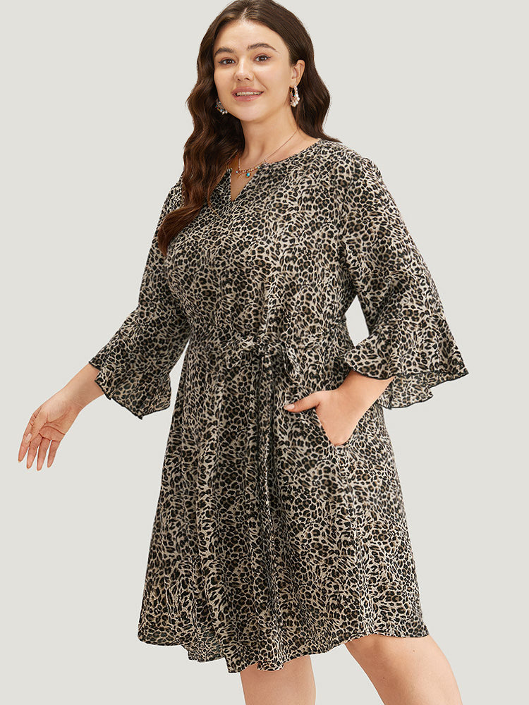 Leopard Print Belted Notched Pocket Dress