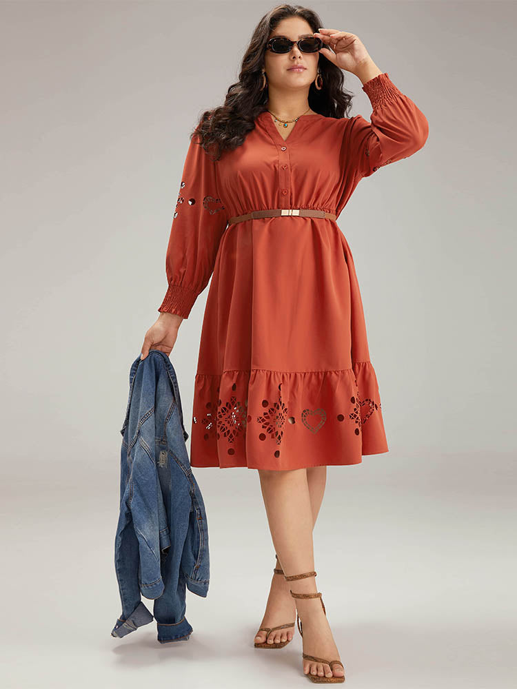 Plain Shirred Button Up Laser Cut Dress