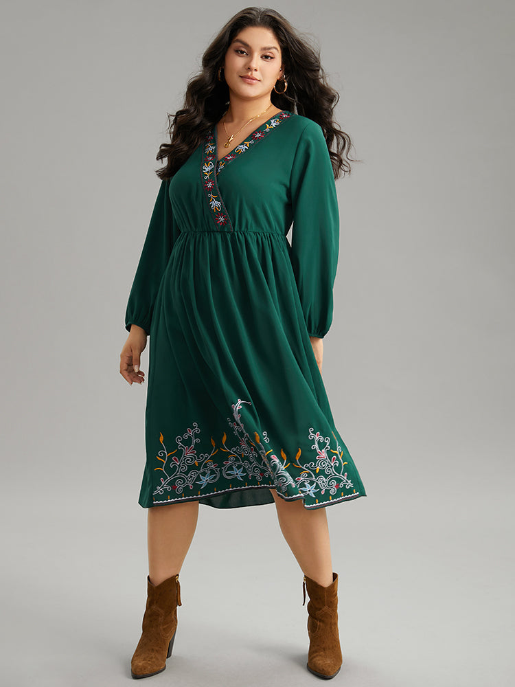 Boho Print Embroidered Wrap Lantern Sleeve Dress