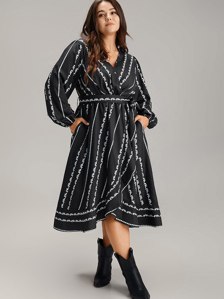 Boho Print Striped Belted Wrap Pocket Dress