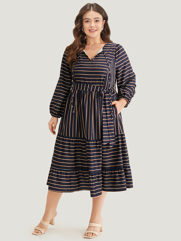 Striped Tie Neck Pocket Ties Dress