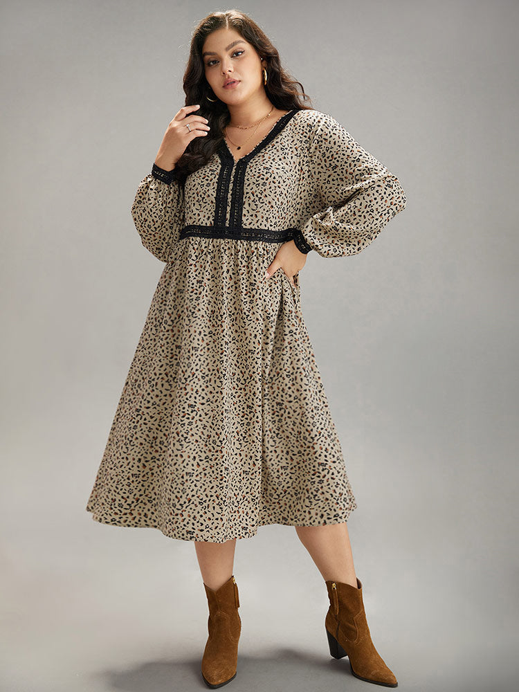 Leopard Pocket Guipure Lace Lantern Sleeve Dress