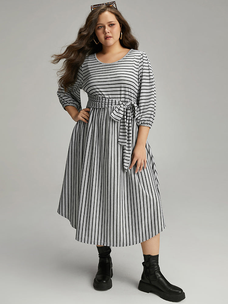 Striped Ties Lantern Sleeve Curved Hem Dress