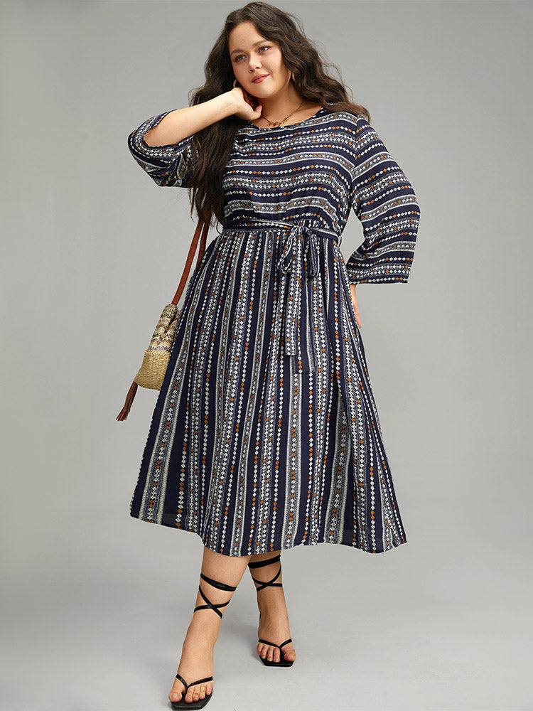 Striped Geometric Patchwork Belted Pocket Dress