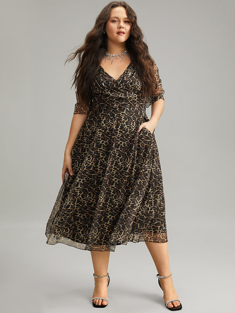 Leopard Print Mesh Patchwork V Neck Dress