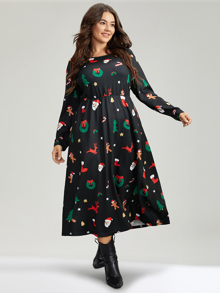 Christmas Print Pocket Elastic Waist Dress