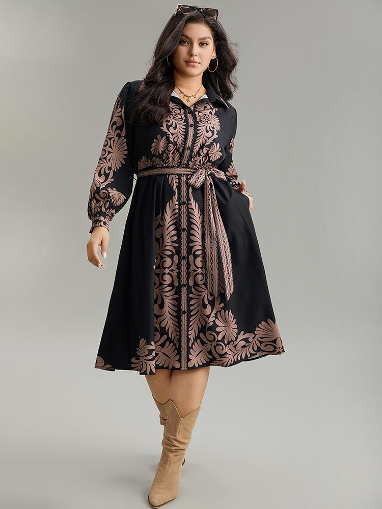 Boho Print Shirt Collar Belted Dress