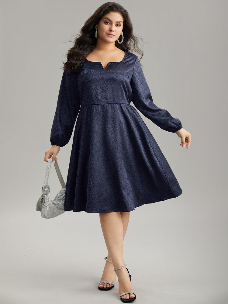 Plain Textured Notched Lantern Sleeve Dress