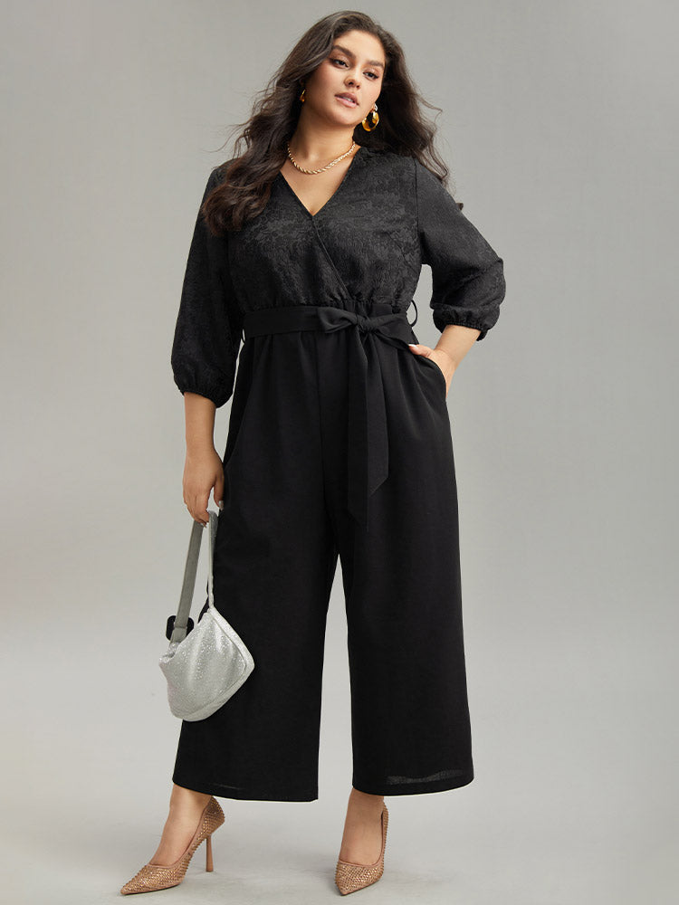 Plain Textured Belted Wrap Jumpsuit