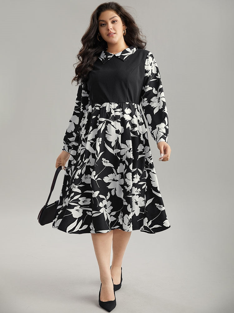 Silhouette Floral Print Patchwork Ruffle Hem Dress