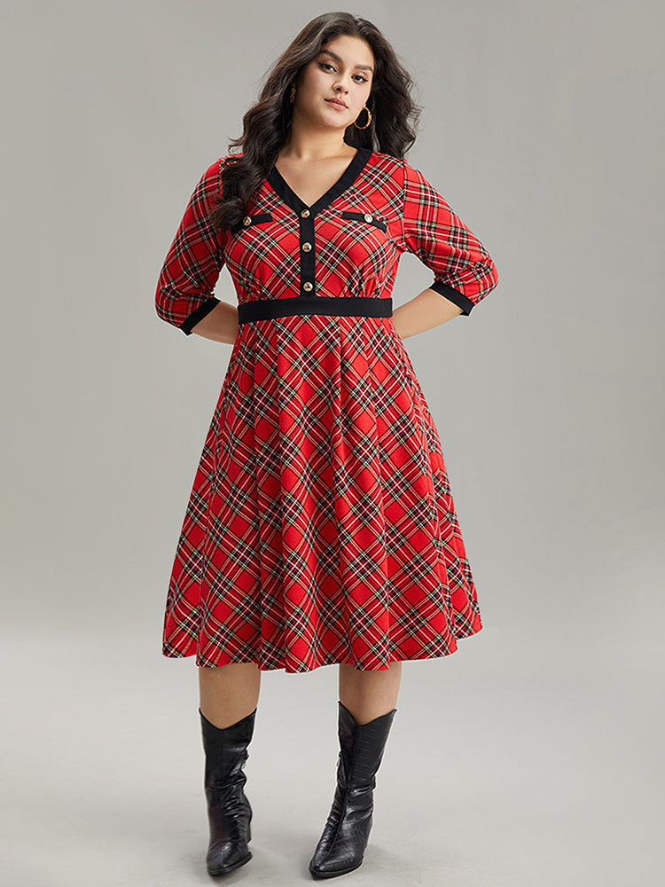 Plaid Contrast Trim Pocket Button Detail Dress