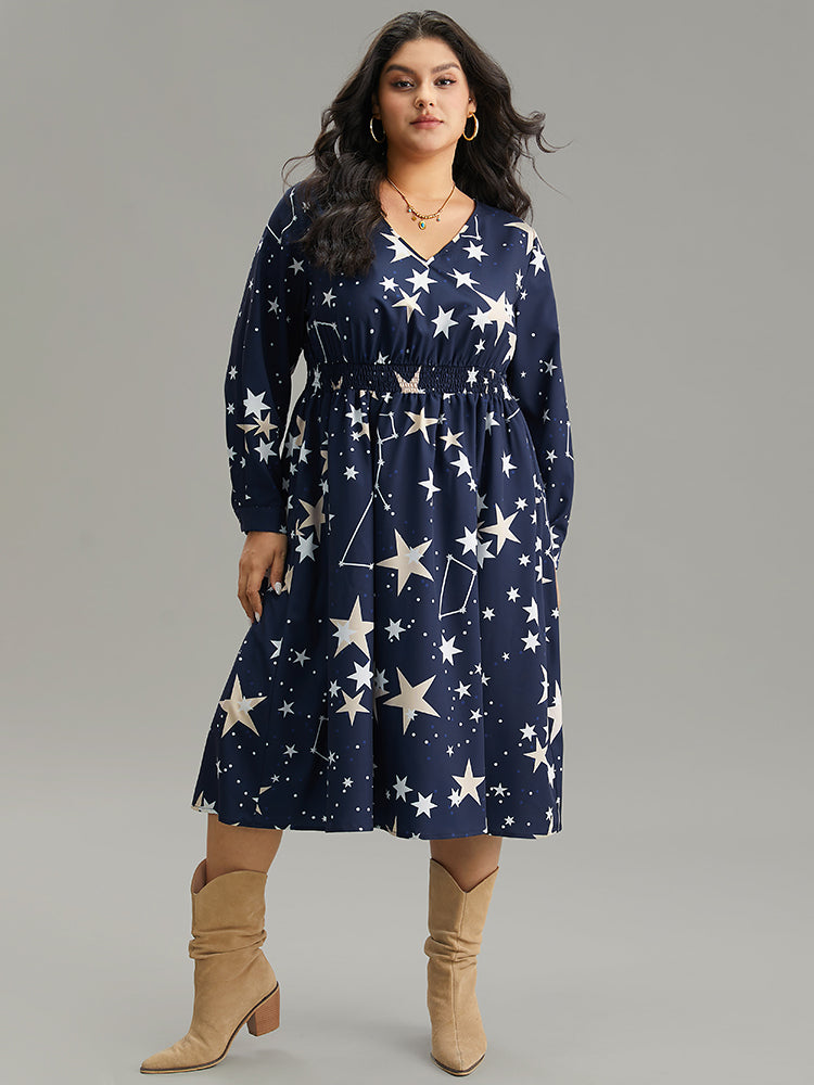 Star Geometric Shirred Pocket Dress