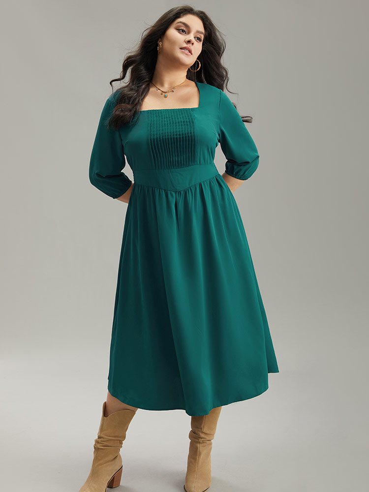 Anti-Wrinkle Square Neck Pleated Gathered Dress