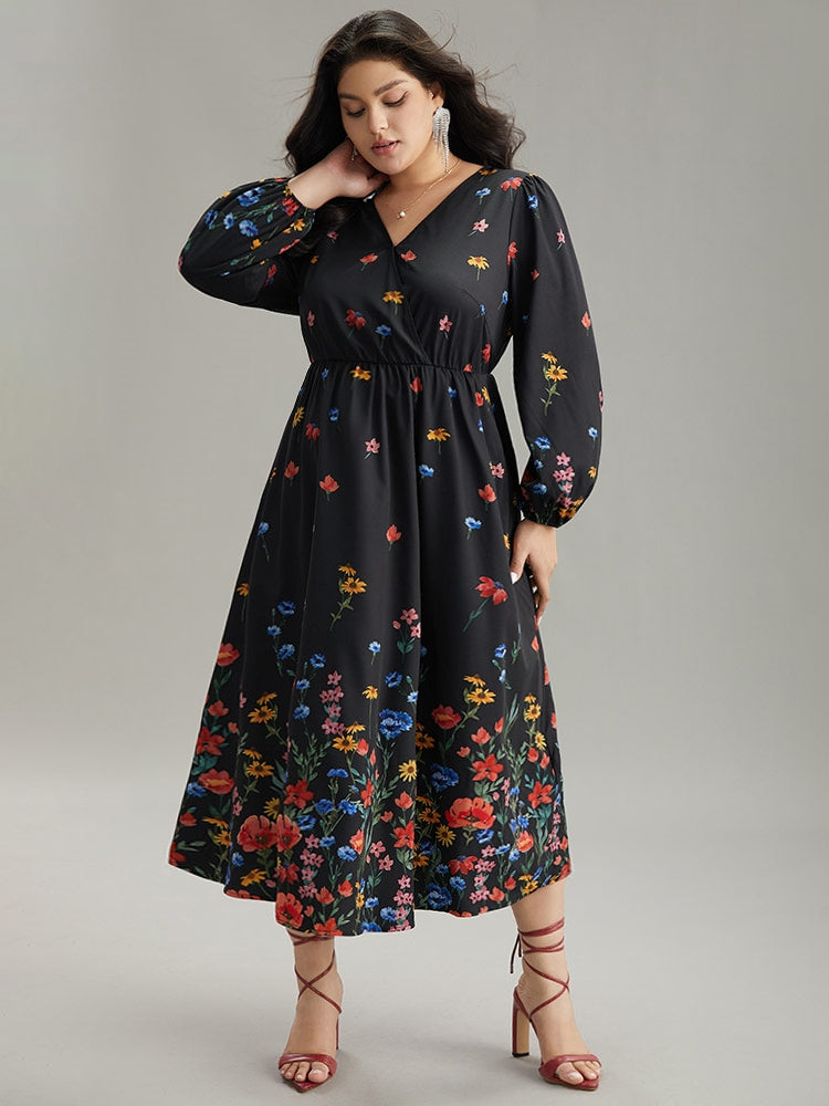 Boho Print Overlap Collar Lantern Sleeve Dress