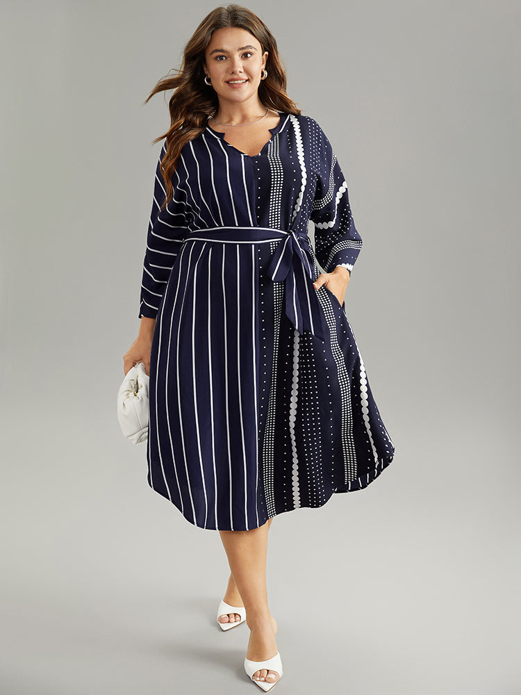 Striped Patchwork Polka Dot Belted Notched Dress