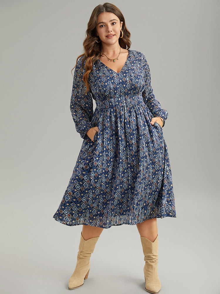 Boho Print Pocket Shirred Gathered Dress