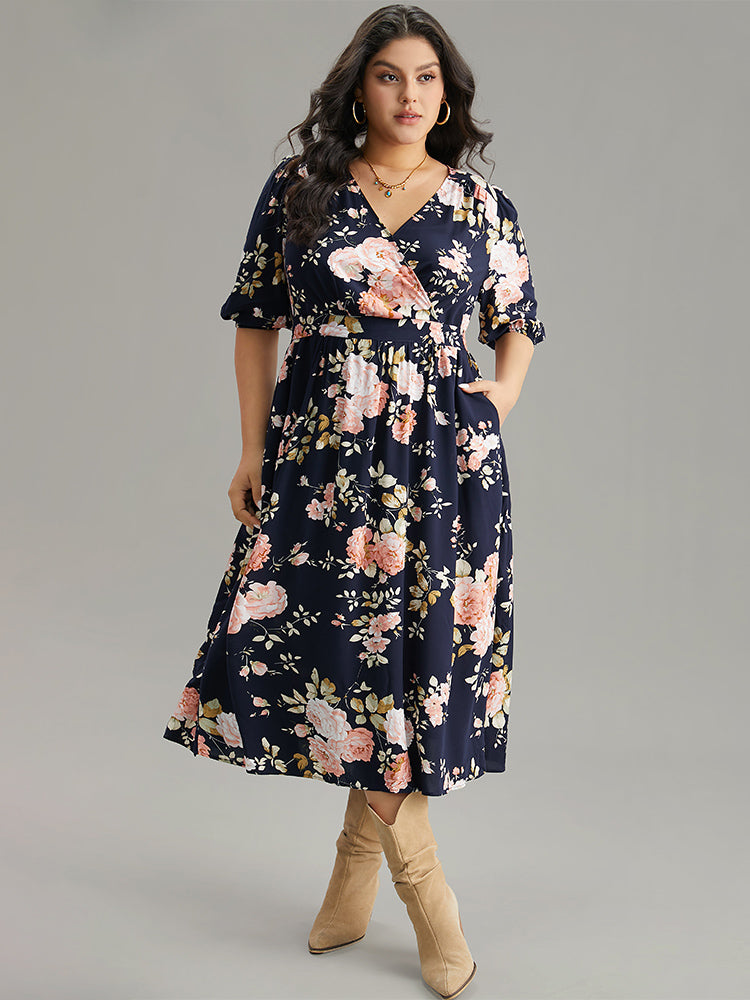 Floral Print Pleated Ties Wrap Lantern Sleeve Dress