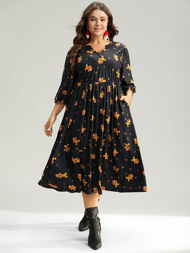 Christmas Print Notched Pocket Elastic Waist Dress