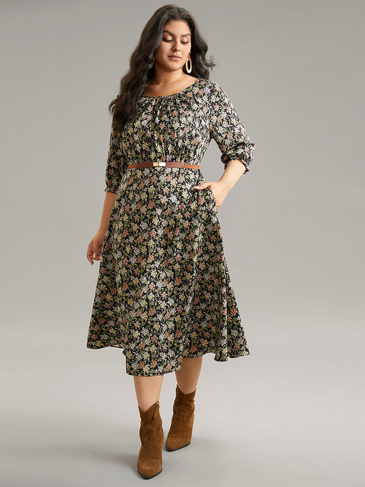 Ditsy Floral Elastic Waist Pleated Dress