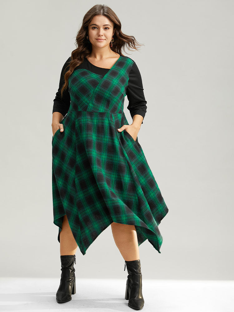 Christmas Plaid Asymmetrical Patchwork Hanky Hem Dress