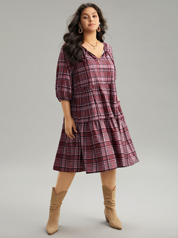 Plaid Tie Neck Ruffle Layered Hem Dress