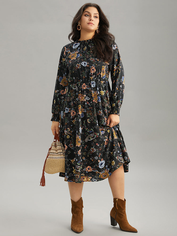 Floral Print Shirred Gathered Stand Collar Dress