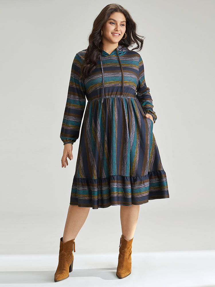 Striped Contrast Ruffle Layered Hem Hooded Dress