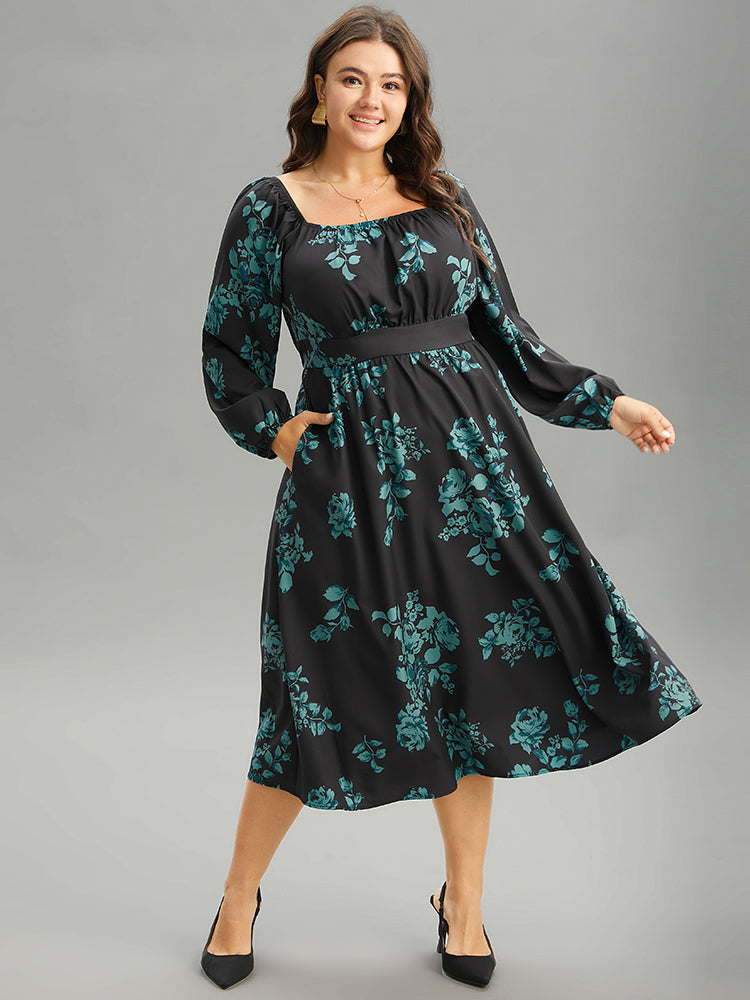 Silhouette Floral Print Square Neck Gathered Dress