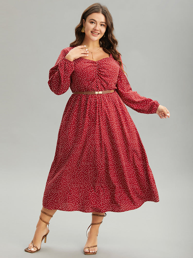 Polka Dot Ruched Overlap Collar Pocket Dress