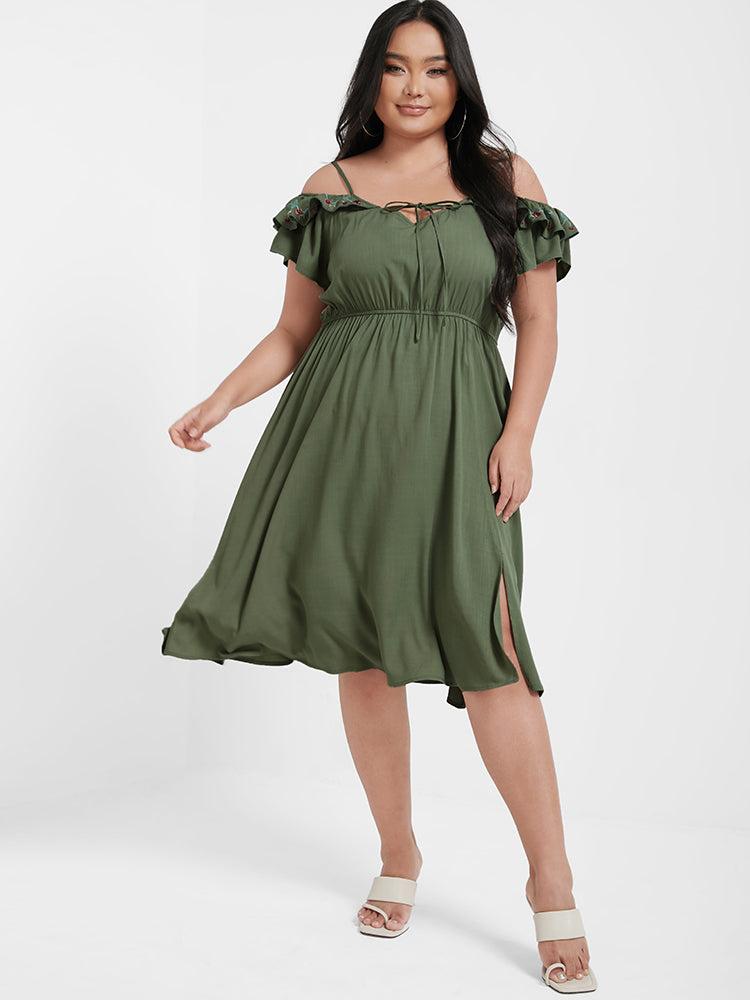 Plain Ruffled Embroidered Spaghetti Strap Dress