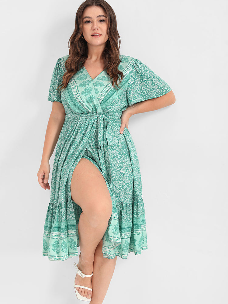 Ditsy Floral Ruffled Knotted Wrap Dress