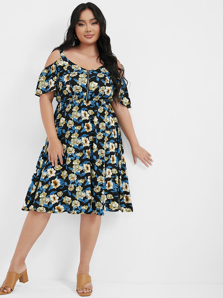 Floral Zipper Ruffled  Cold Shoulder Dress