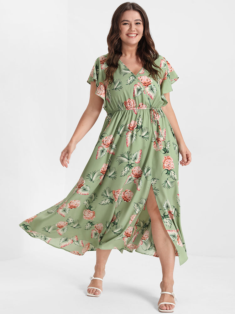 Floral Ruffles Raglan Sleeve Ties Wrap Midi Dress