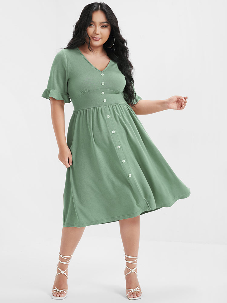 Solid Shirred Ruffles Button V Neck Midi Dress