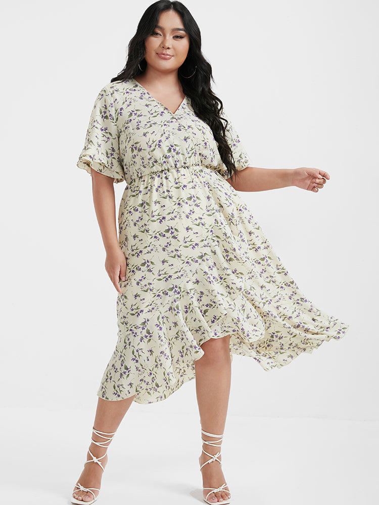 Ditsy Floral Arc Hem Ruffled Wrap Dress