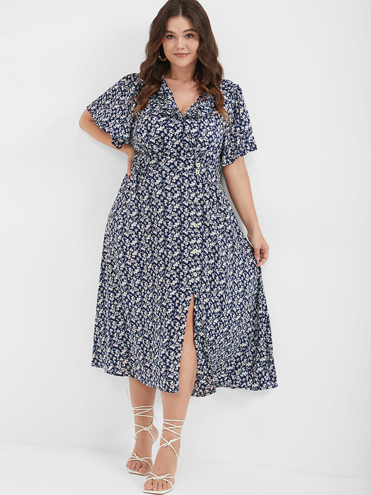 Floral V Neck Ruffles Split Button Midi Dress