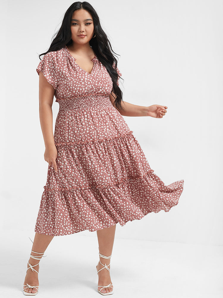 Ditsy Floral Shirred Flutter V Neck Midi Dress