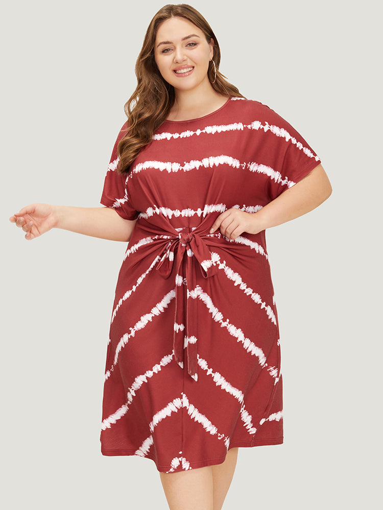 Striped Print Batwing Sleeve Knot Front Tie Dye Dress