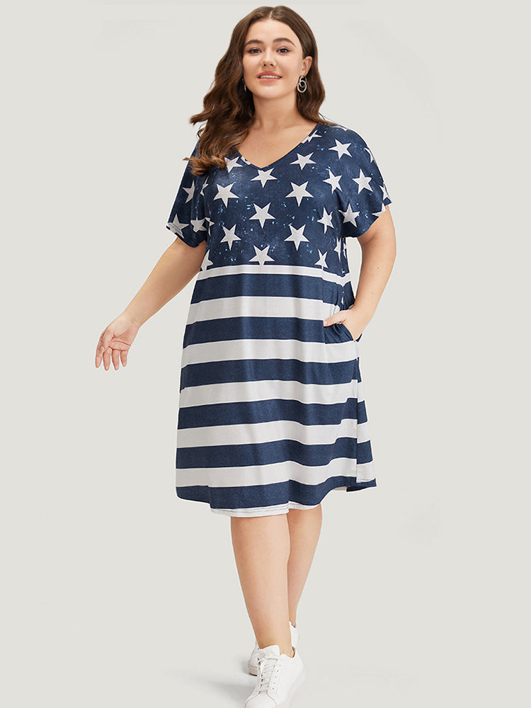 Star & Striped Contrast Dolman Sleeve Arc Hem Dress