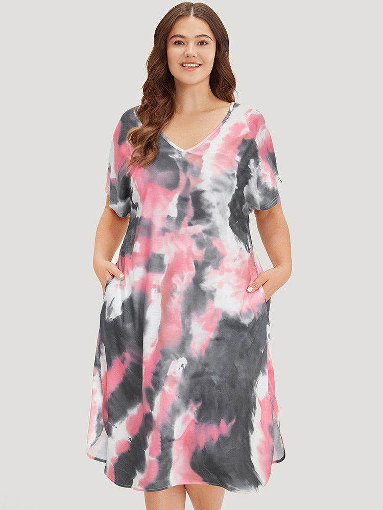 Tie Dye Pocket V Neck Dolman Sleeve Dress