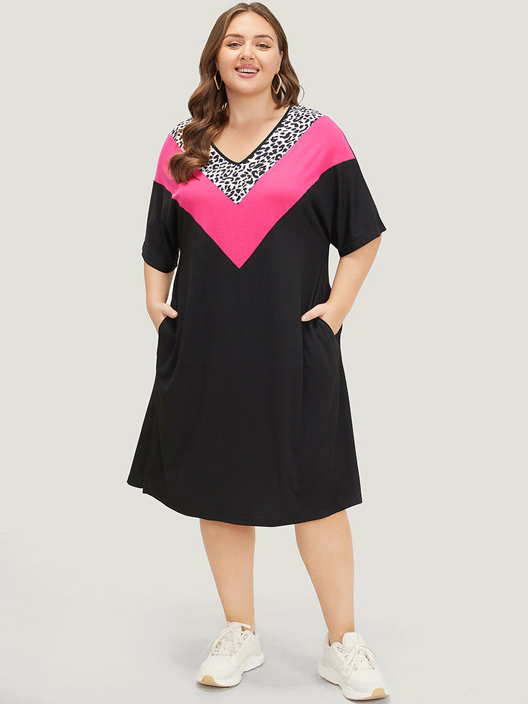 Supersoft Essentials Leopard Contrast Batwing Sleeve Pocket Split Hem Dress