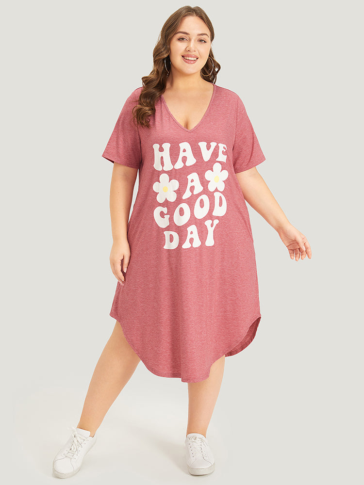 Supersoft Essentials Letter & Floral Print V Neck Curved Hem Dress