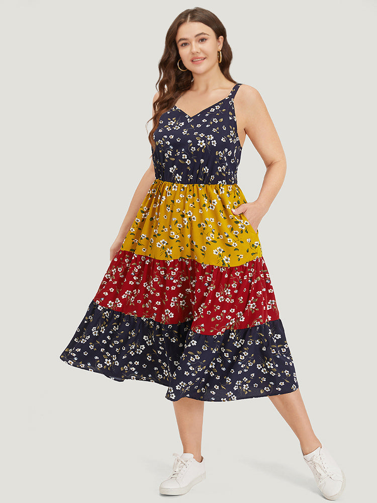 Ditsy Floral Patchwork Pocket Ruffle Layered Hem Cami Dress