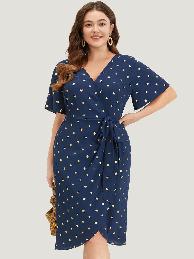 Star Wrap Ties Pocket Ruffle Sleeve Dress