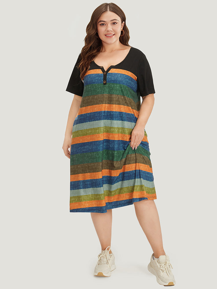 Striped Patchwork Notched Button Detail Pocket Dress