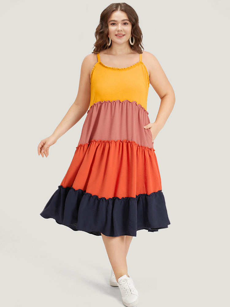 Colorblock Contrast Flutter Hem Frill Trim Cami Dress